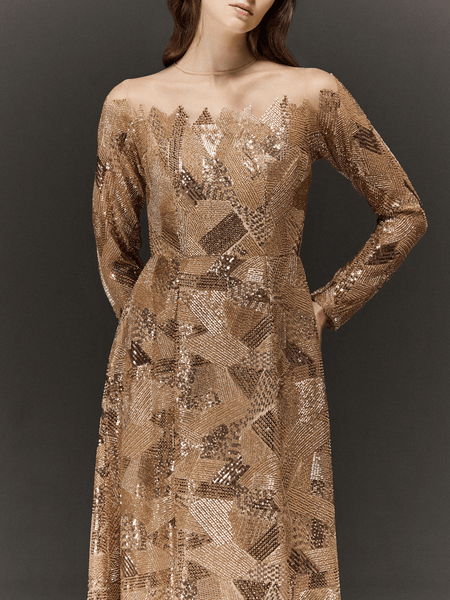 GOLDEN FULLY HAND EMBROIDERED AND PANELLED FULL SLEEVE DRESS WITH SLIGHT TRAIL