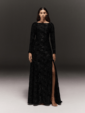 BLACK VELVET FULLY EMBROIDERED PANELLED DRESS WITH SLIT