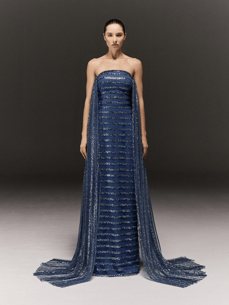 BLUE TULLE AND CREPE STRAIGHT FIT EMBROIDERED TUBE DRESS WITH SIDE TRAILS