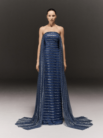 BLUE TULLE AND CREPE STRAIGHT FIT EMBROIDERED TUBE DRESS WITH SIDE TRAILS