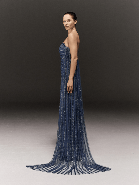 BLUE TULLE AND CREPE STRAIGHT FIT EMBROIDERED TUBE DRESS WITH SIDE TRAILS