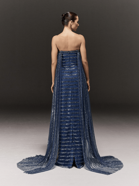 BLUE TULLE AND CREPE STRAIGHT FIT EMBROIDERED TUBE DRESS WITH SIDE TRAILS