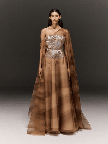 CHAMPAIGNE HAND EMBROIDERED PRINTED FLARED DRESS WITH SLEEVE TRAIL