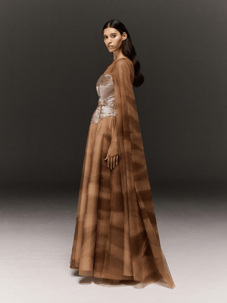 CHAMPAIGNE HAND EMBROIDERED PRINTED FLARED DRESS WITH SLEEVE TRAIL