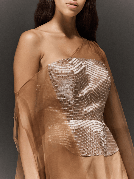 CHAMPAIGNE HAND EMBROIDERED PRINTED FLARED DRESS WITH SLEEVE TRAIL