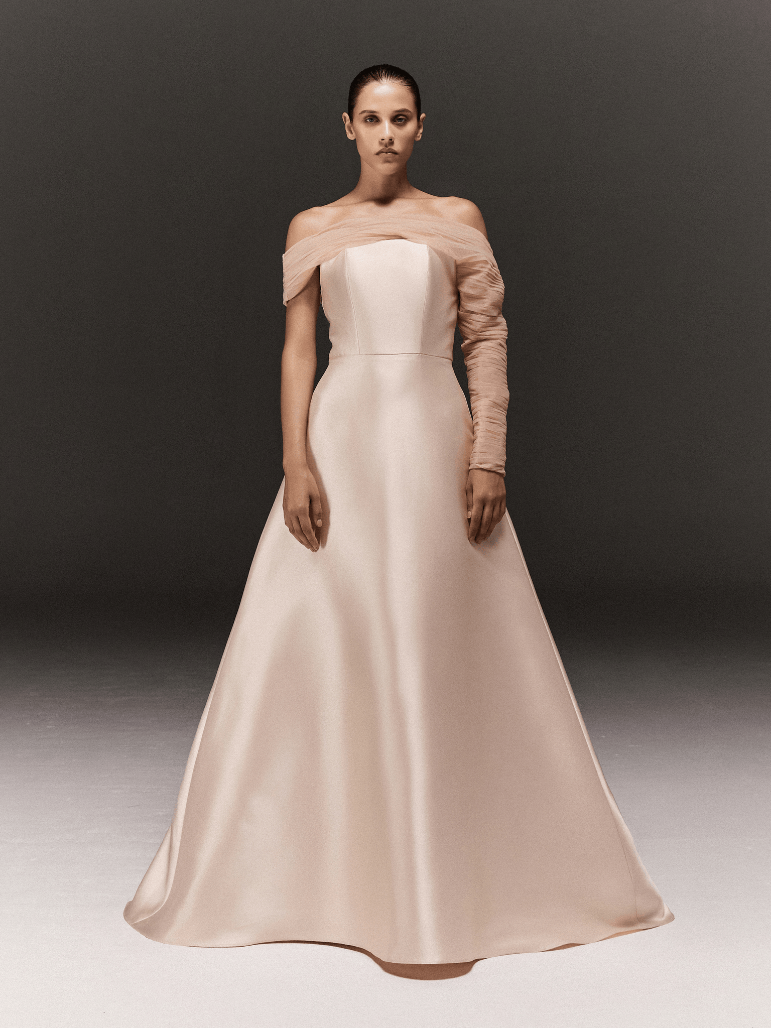 LIGHT PINK SATIN AND TULLE ASYMMETRIC FLARED DRESS