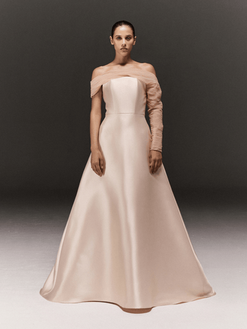 LIGHT PINK SATIN AND TULLE ASYMMETRIC FLARED DRESS