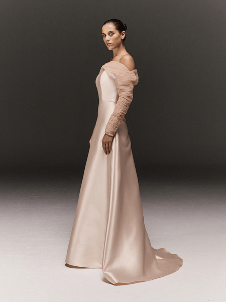 LIGHT PINK SATIN AND TULLE ASYMMETRIC FLARED DRESS