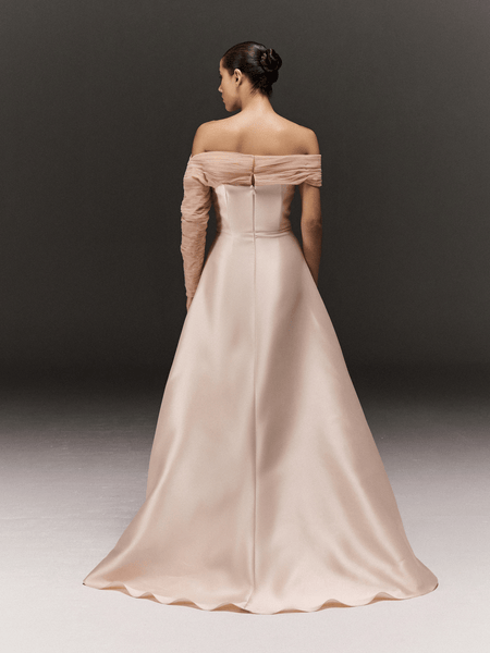 LIGHT PINK SATIN AND TULLE ASYMMETRIC FLARED DRESS