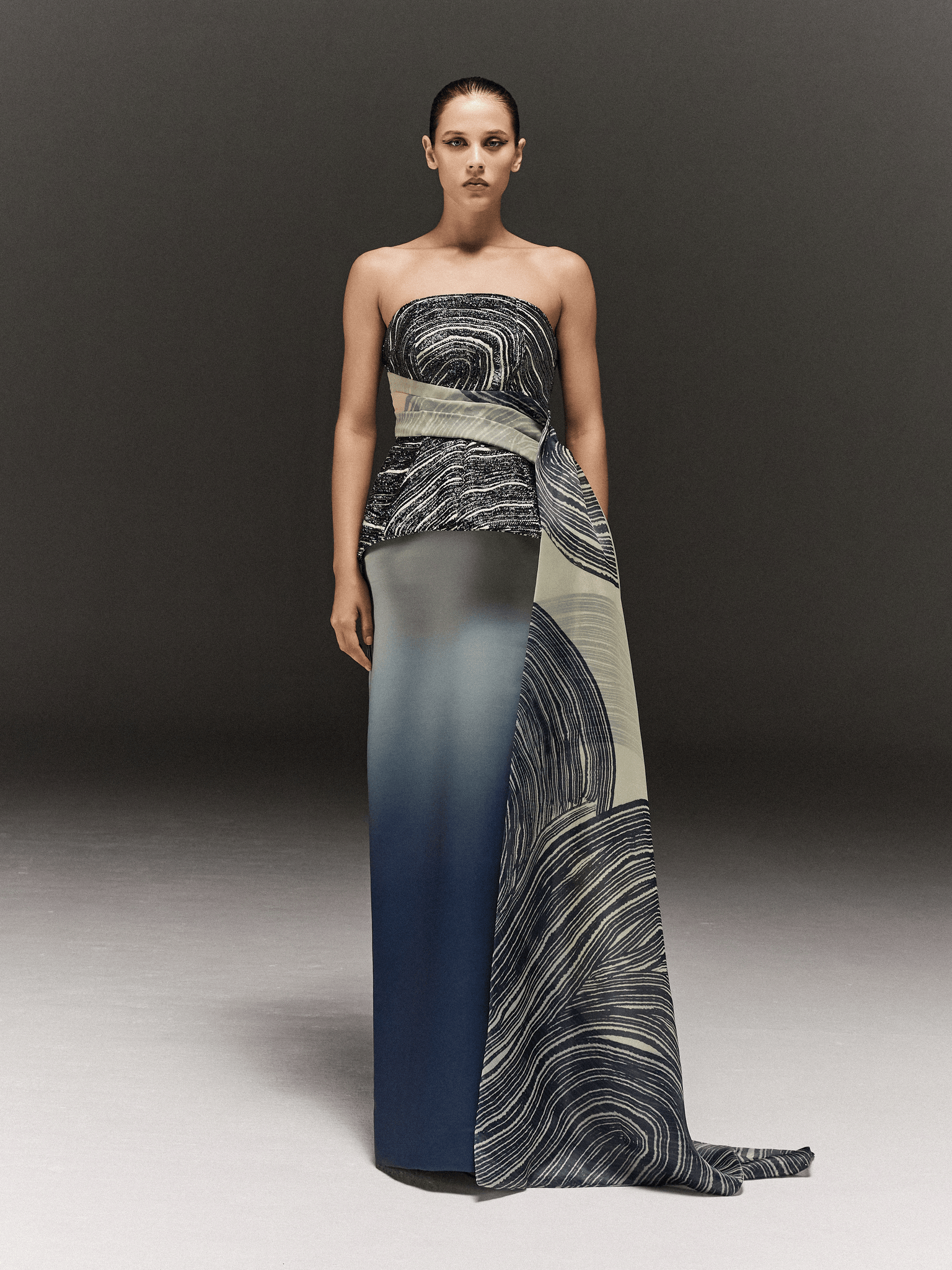 BLUE AND CREAMY PRINTED AND HAND EMBROIDERED PEPLUM DRESS WITH ORGANZA TRAIL