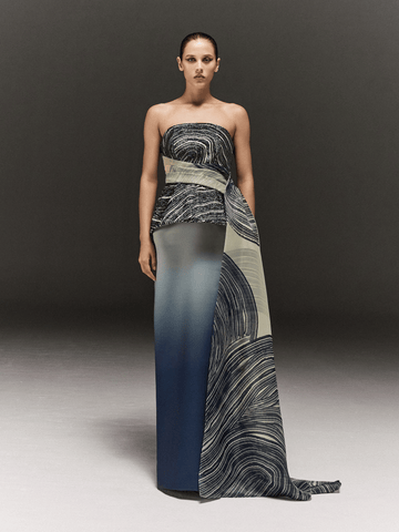 BLUE AND CREAMY PRINTED AND HAND EMBROIDERED PEPLUM DRESS WITH ORGANZA TRAIL