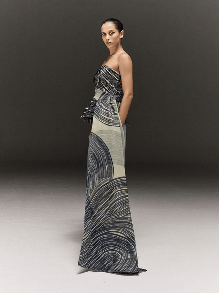 BLUE AND CREAMY PRINTED AND HAND EMBROIDERED PEPLUM DRESS WITH ORGANZA TRAIL