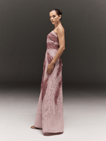 PINK BEADED EMBROIDERED PENCIL CUT TUBE DRESS