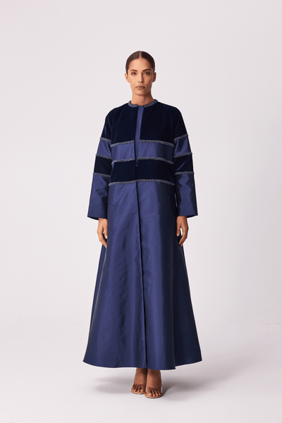 NAVY BLUE VELVET AND TAFFETA EMBROIDERED ABAYA AND PLEATED TULLE DRESS SET