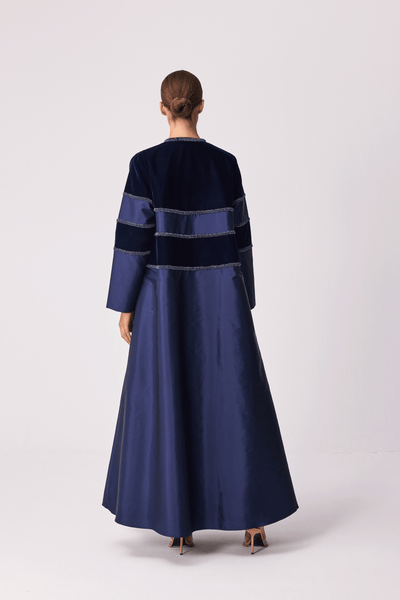 NAVY BLUE VELVET AND TAFFETA EMBROIDERED ABAYA AND PLEATED TULLE DRESS SET
