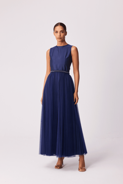 NAVY BLUE VELVET AND TAFFETA EMBROIDERED ABAYA AND PLEATED TULLE DRESS SET