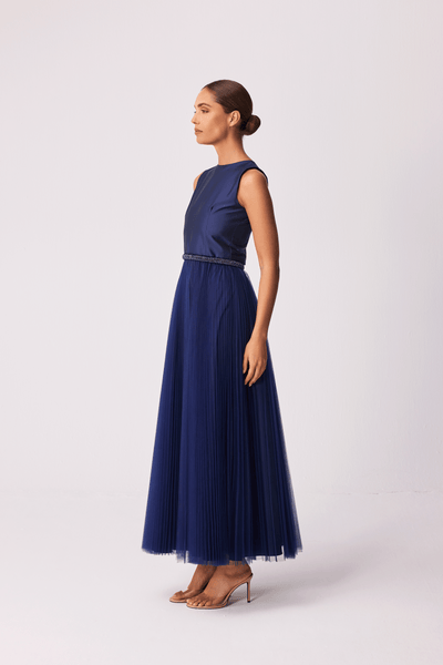 NAVY BLUE VELVET AND TAFFETA EMBROIDERED ABAYA AND PLEATED TULLE DRESS SET