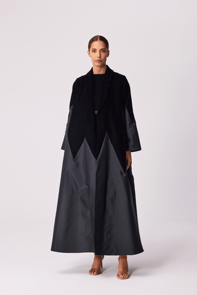 BLACK VELVET AND TAFFETA ABAYA AND JUMPSUIT SET WITH PLAIN BELT