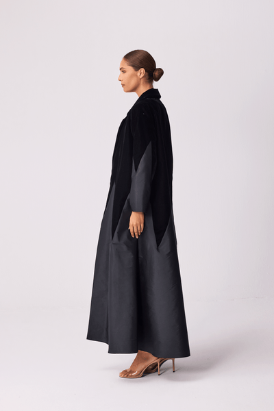 BLACK VELVET AND TAFFETA ABAYA AND JUMPSUIT SET WITH PLAIN BELT