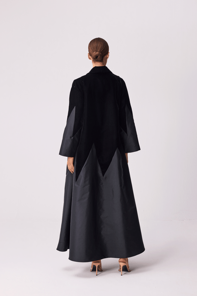 BLACK VELVET AND TAFFETA ABAYA AND JUMPSUIT SET WITH PLAIN BELT