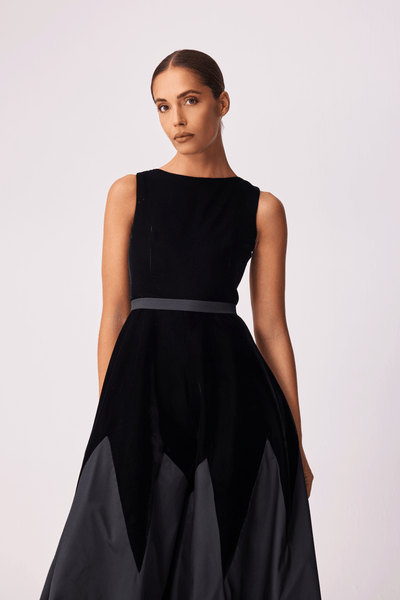 BLACK VELVET AND TAFFETA ABAYA AND JUMPSUIT SET WITH PLAIN BELT