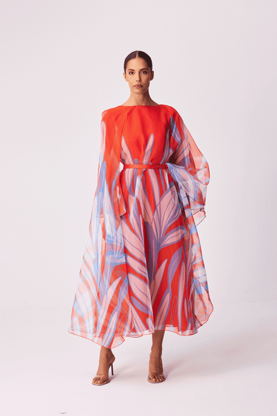 ORANGE FLORAL ORGANZA ASYEMMETRIC OVERLAY DRESS