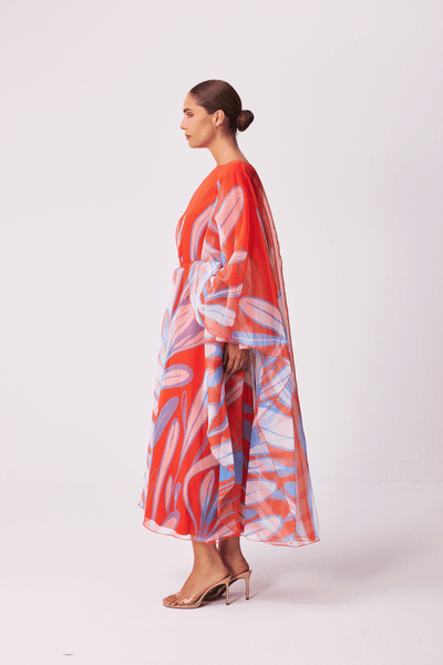 ORANGE FLORAL ORGANZA ASYEMMETRIC OVERLAY DRESS