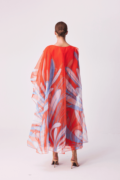 ORANGE FLORAL ORGANZA ASYEMMETRIC OVERLAY DRESS