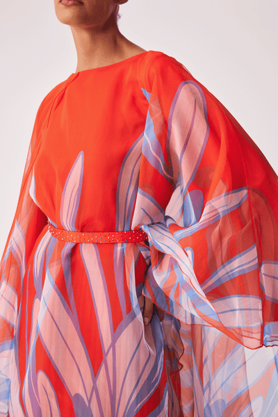 ORANGE FLORAL ORGANZA ASYEMMETRIC OVERLAY DRESS