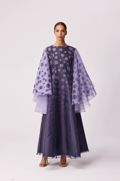 GREY POLKA DOT EXAGGERATED SLEEVE SEMI-FIT DRESS