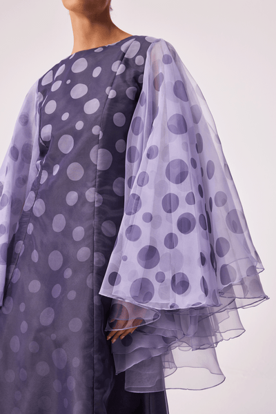 GREY POLKA DOT EXAGGERATED SLEEVE SEMI-FIT DRESS