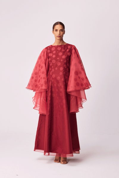 DEEP RED POLKA DOT EXAGGERATED SLEEVE SEMI-FIT DRESS