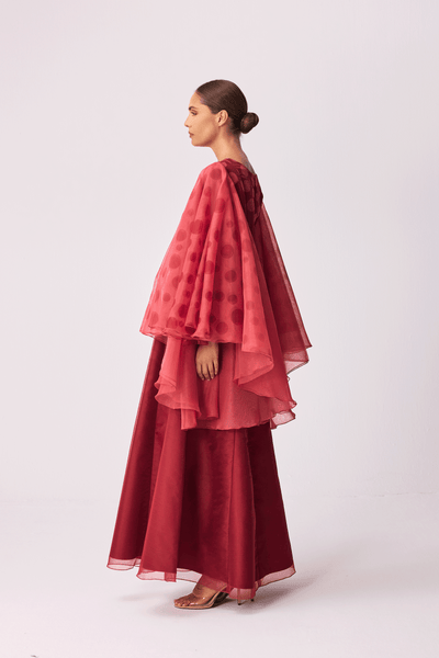 DEEP RED POLKA DOT EXAGGERATED SLEEVE SEMI-FIT DRESS