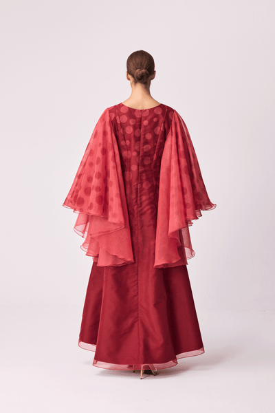 DEEP RED POLKA DOT EXAGGERATED SLEEVE SEMI-FIT DRESS