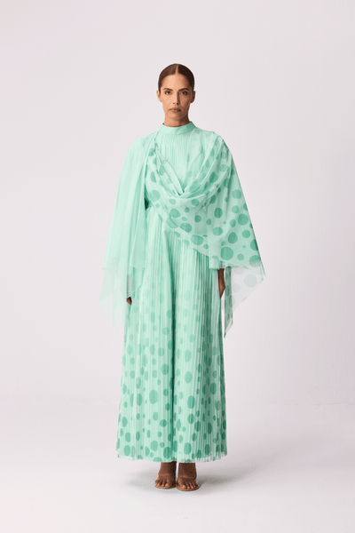 MINT GREEN POLKA DOT SOFT TULLE OVERLAY DRAPED LOOSE-FIT DRESS