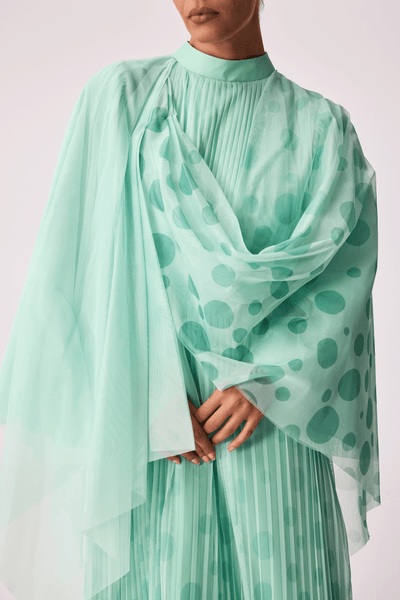 MINT GREEN POLKA DOT SOFT TULLE OVERLAY DRAPED LOOSE-FIT DRESS
