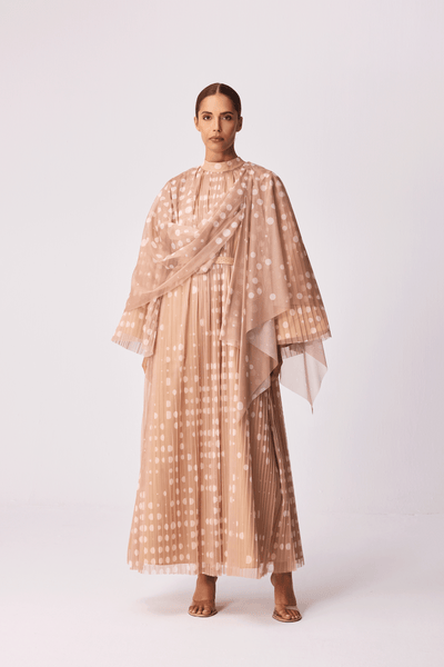 LIGHT BROWN POLKA DOT SOFT TULLE OVERLAY DRAPED LOOSE-FIT DRESS