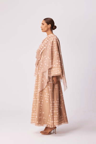 LIGHT BROWN POLKA DOT SOFT TULLE OVERLAY DRAPED LOOSE-FIT DRESS