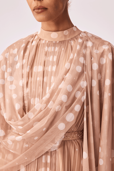 LIGHT BROWN POLKA DOT SOFT TULLE OVERLAY DRAPED LOOSE-FIT DRESS