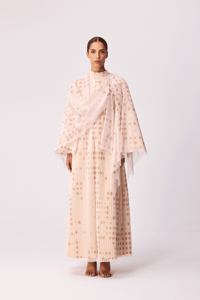 BEIGE POLKA DOT SOFT TULLE OVERLAY DRAPED LOOSE-FIT DRESS
