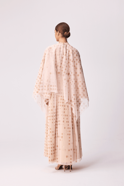 BEIGE POLKA DOT SOFT TULLE OVERLAY DRAPED LOOSE-FIT DRESS