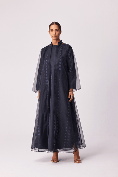 CHARCOAL POLKA DOT ORGANZA ABAYA AND FULL SLEEVED INNER