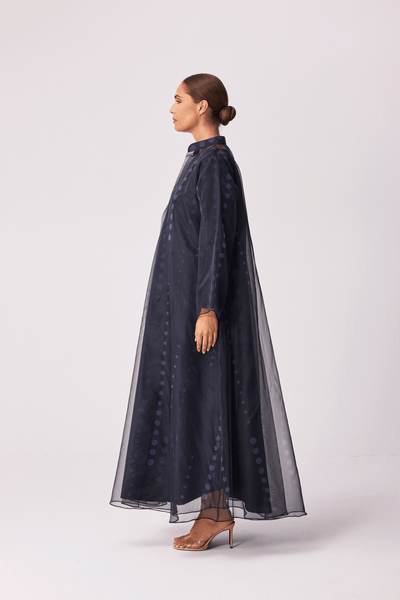 CHARCOAL POLKA DOT ORGANZA ABAYA AND FULL SLEEVED INNER