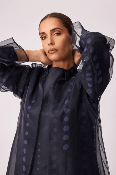 CHARCOAL POLKA DOT ORGANZA ABAYA AND FULL SLEEVED INNER
