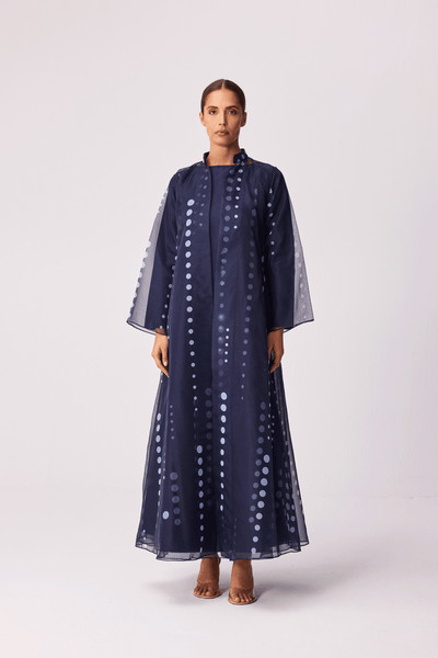 NAVY BLUE POLKA DOT ORGANZA ABAYA AND FULL SLEEVED INNER