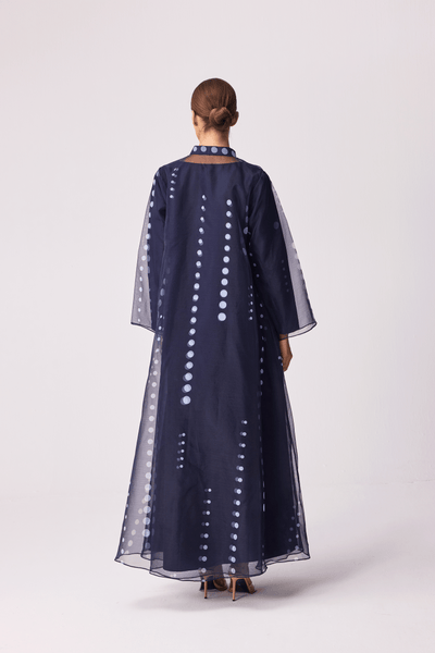 NAVY BLUE POLKA DOT ORGANZA ABAYA AND FULL SLEEVED INNER