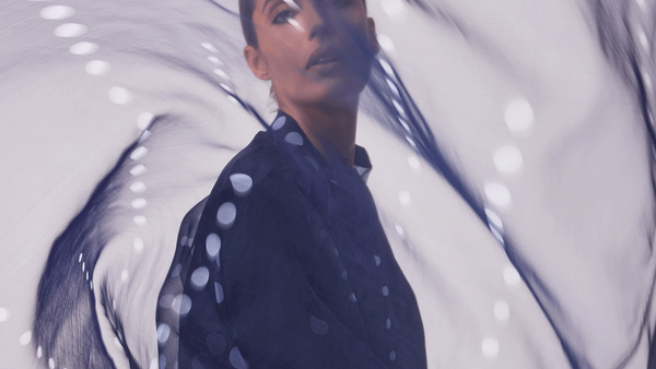 NAVY BLUE POLKA DOT ORGANZA ABAYA AND FULL SLEEVED INNER