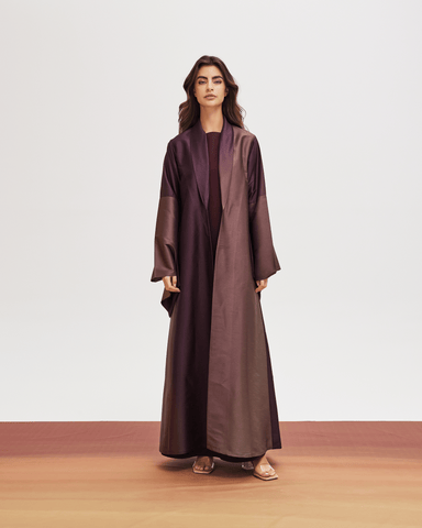 BURGUNDY OMBRE PRINTED RAW SILK ABAYA WITH CREPE INNER DRESS