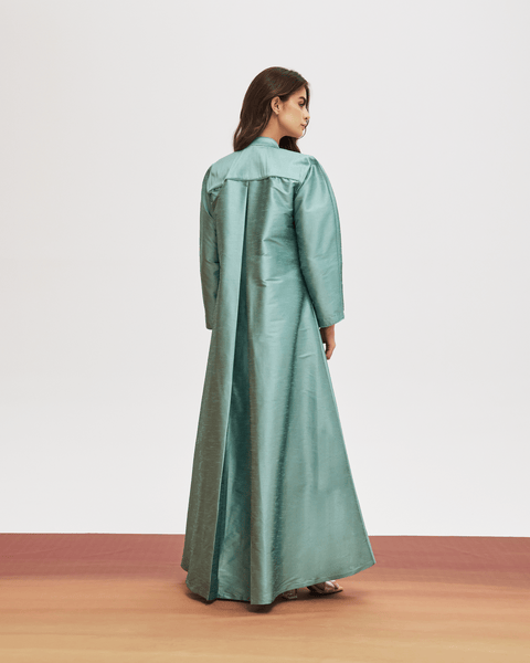 LIGHT TEAL PLAIN RAW SILK ABAYA WITH CREPE INNER DRESS AND EMBROIDERED BELT