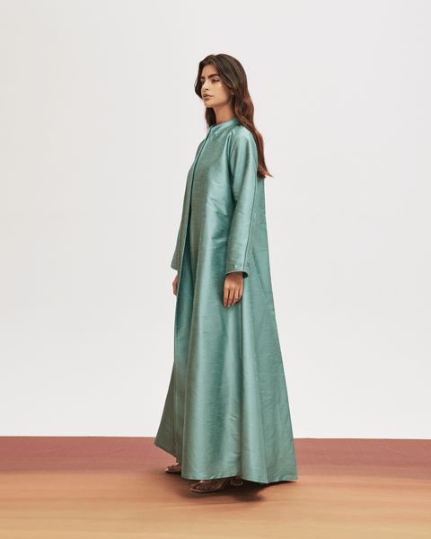 LIGHT TEAL PLAIN RAW SILK ABAYA WITH CREPE INNER DRESS AND EMBROIDERED BELT